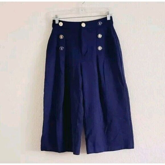 Lauren Ralph Lauren Black Label Pants Size 2  Wide Leg Blue Sailor Trousers Crop - Picture 1 of 6